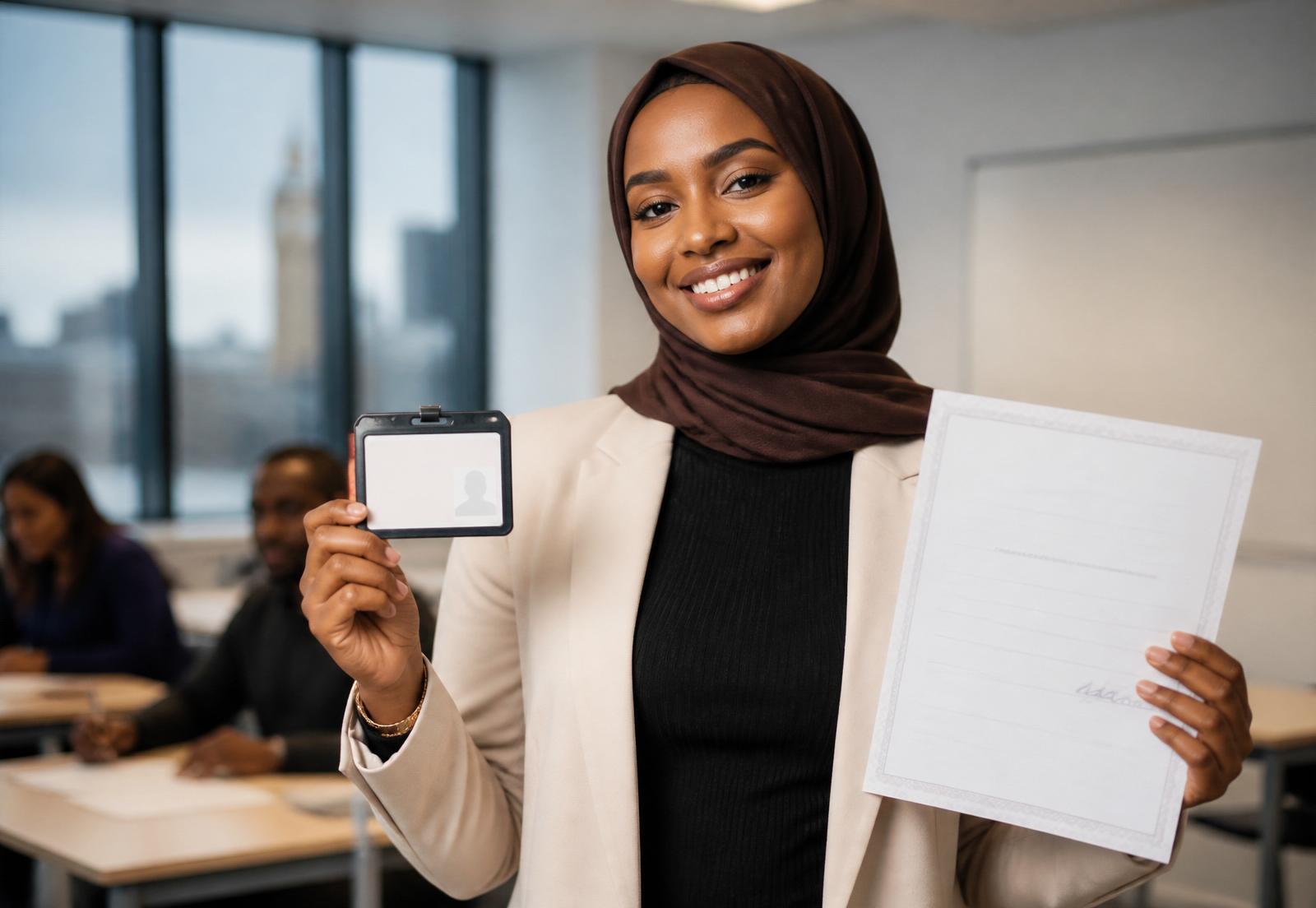 Proud learner holding her PCO licence after passing the TfL exam